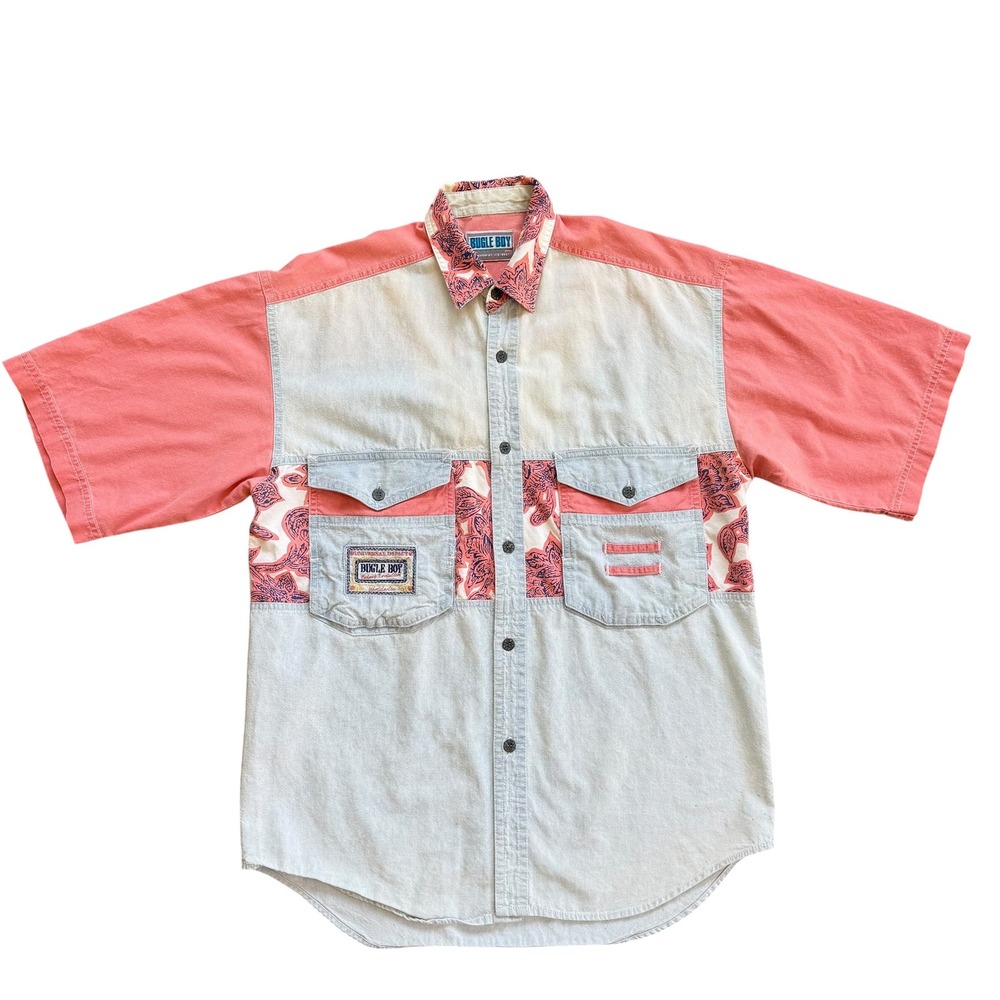 Vintage Bugle Boy Direction Mens Colorblock Paisley Denim Shirt Pink Blue Large